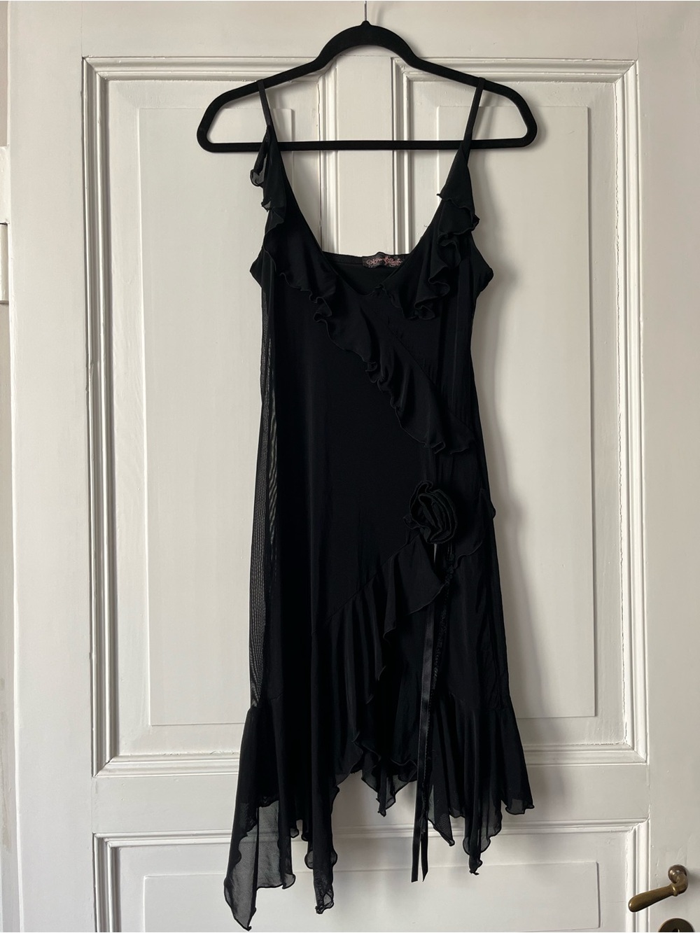 Nana Baila Black Mini Dress with ruffles, rose, sequins layers